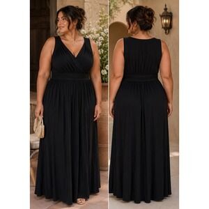 KOH KOH Black Sleeveless V-Neck Ruched Waist Maxi Dress XL